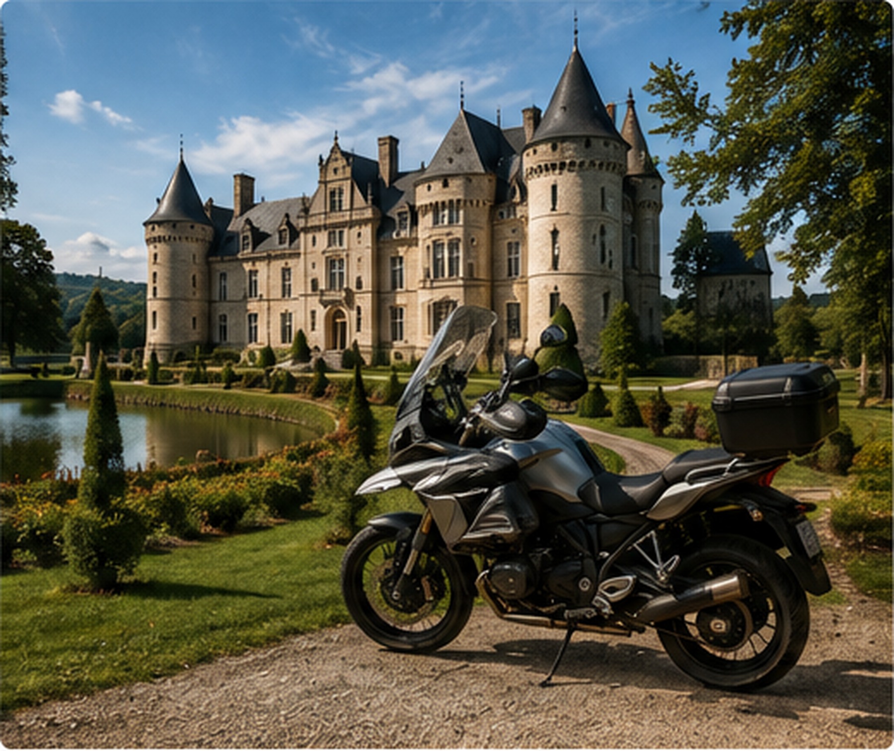 Illustration du défi Moto devant un château