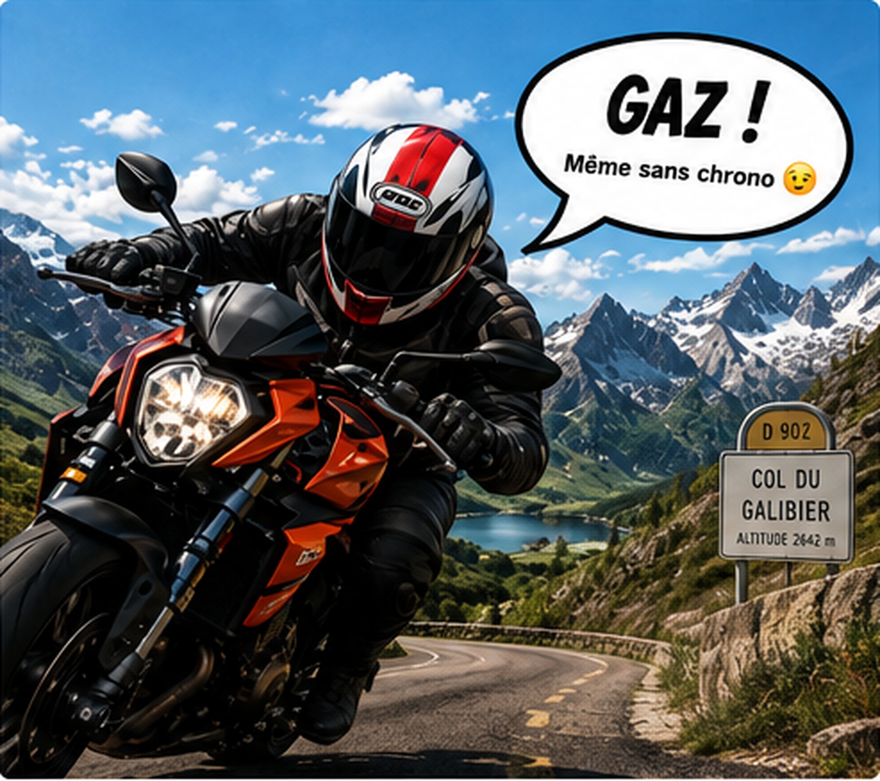 Motard sur une route de montagne, illustration DéfisMoto